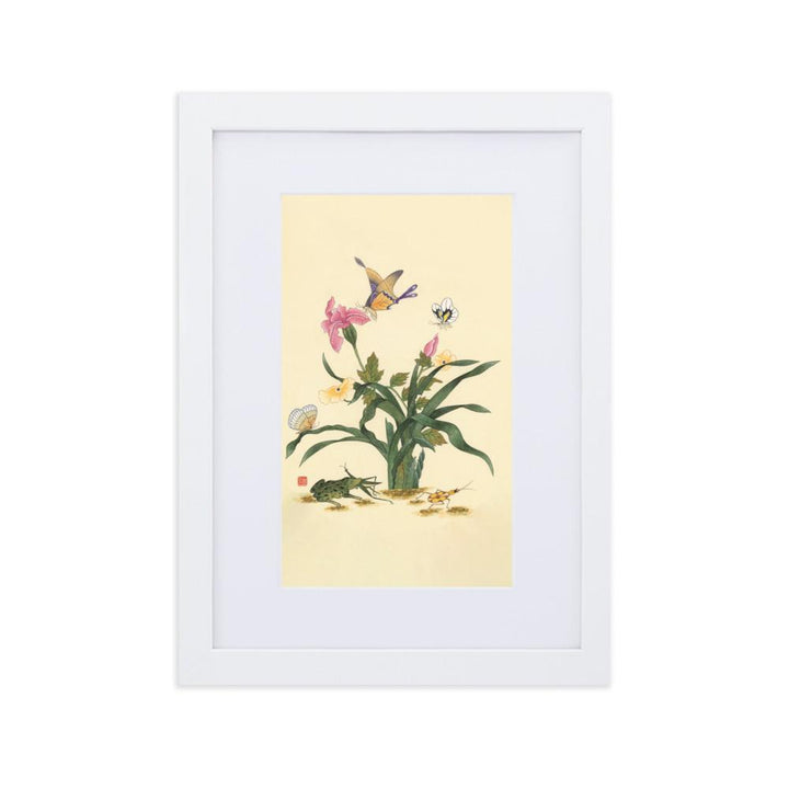 Blumen, Schmetteringe und Frosch - Poster im Rahmen mit Passepartout artlia Weiß / 21×30 cm artlia